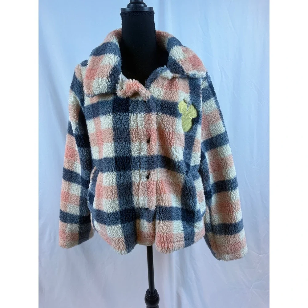 Disney Mickey Mouse Plaid Sherpa Fleece Teddy Jacket Pink Navy XL - Picture 4 of 8